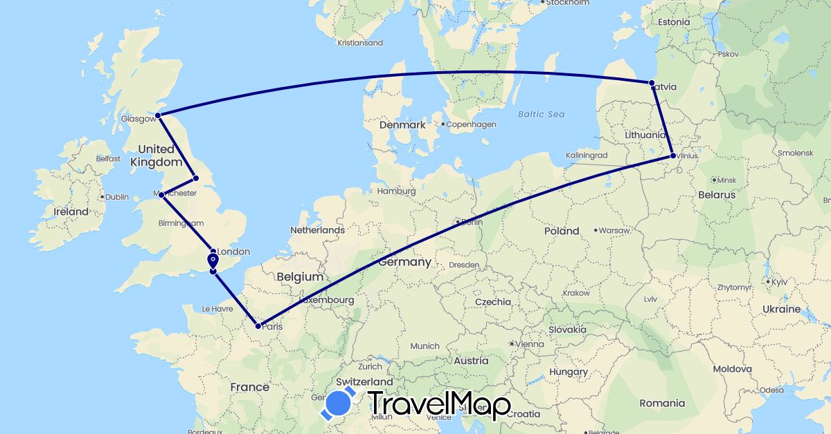 TravelMap itinerary: driving in France, United Kingdom, Lithuania, Latvia (Europe)