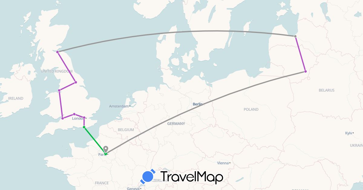 TravelMap itinerary: driving, bus, plane, train in France, United Kingdom, Lithuania, Latvia (Europe)